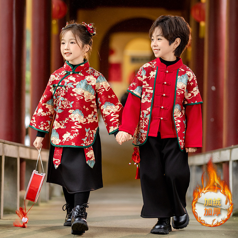 男童加绒汉服拜年服秋冬季儿童女童宝宝红色喜庆新年衣服唐装童装 - 图0