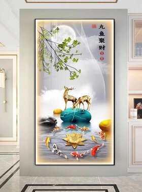 LED灯发财树玄关装饰画现代简约入户门走廊过道挂画高端大气壁画