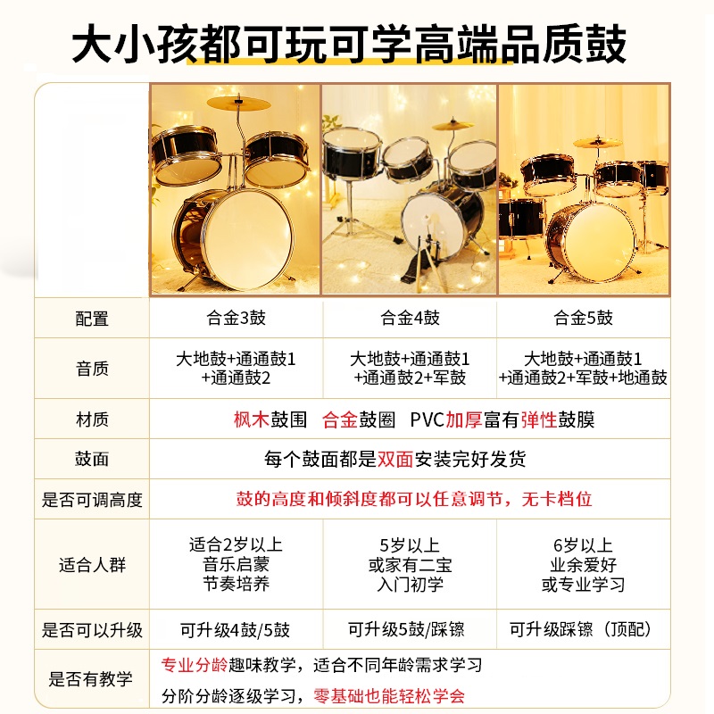 儿童架子鼓初学者3男孩5玩具敲打鼓乐器2-10岁6幼儿家用8爵士鼓女