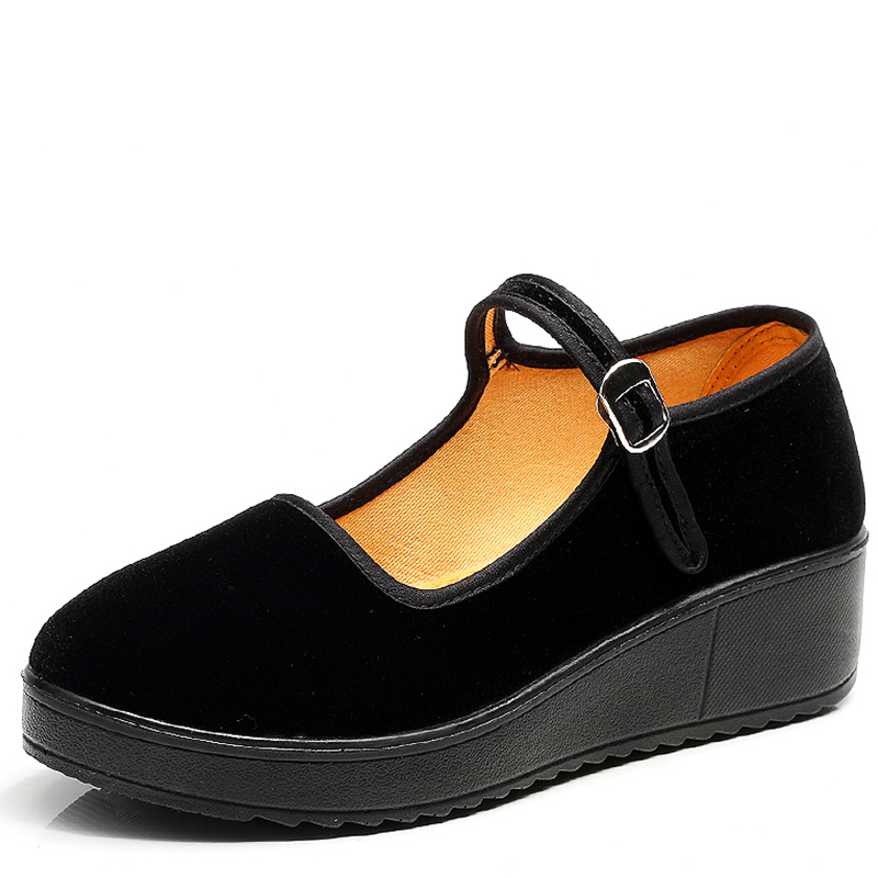 厚底老北京布鞋女工作鞋女鞋黑色平跟坡跟舞蹈鞋高跟鞋单鞋酒店鞋