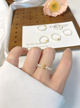 弹力绳进口施家珍珠金色点缀戒指