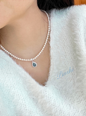 S925银水滴海蓝宝珍珠项链轻奢款