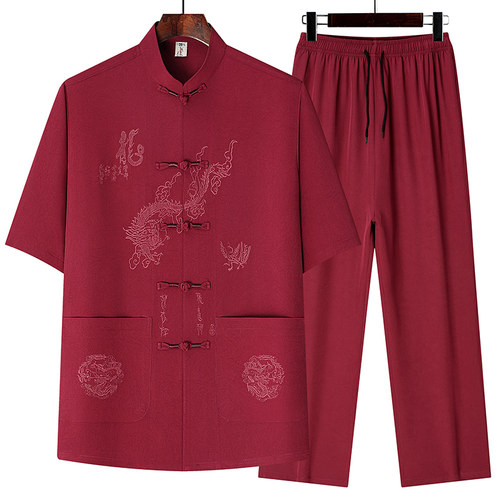 唐装男夏季爸爸短袖衬衣套装中国风父亲立领中式衣服老人爷爷衬衫 - 图0