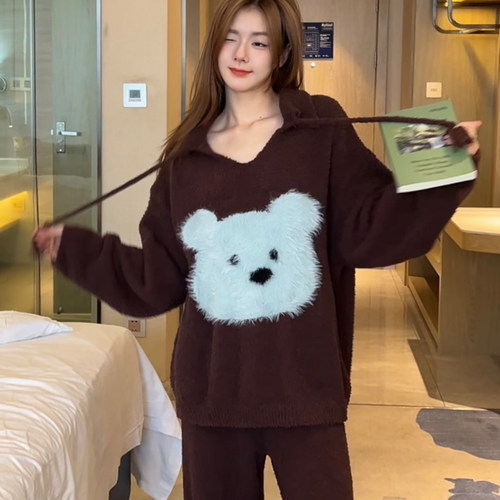 保暖加厚加绒软绵绵针织半边绒睡衣女士秋冬新款高级感家居服套装 - 图2