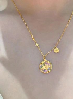 黄金色莫奈花园项链古法传承珐琅牡丹吊坠套链精致时尚星星配饰女