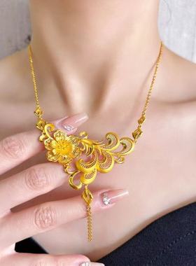 黄金色古法凤凰富贵花项链女大气