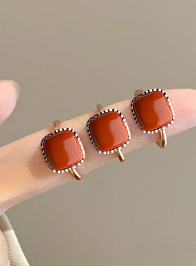 月初珠宝新款925纯银方圆形南红玛瑙戒指女可调节活口送女友礼物