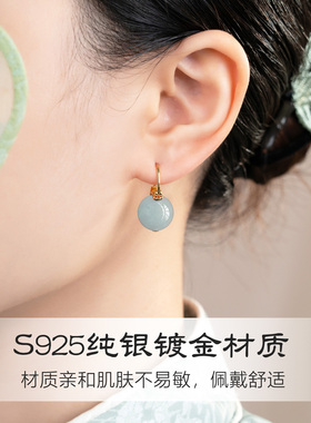 天然天山翠耳环女S925纯银水桶茶壶耳扣国风新中式高级感玉石耳坠