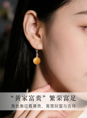 s925纯银天然黄龙玉耳环女新中式