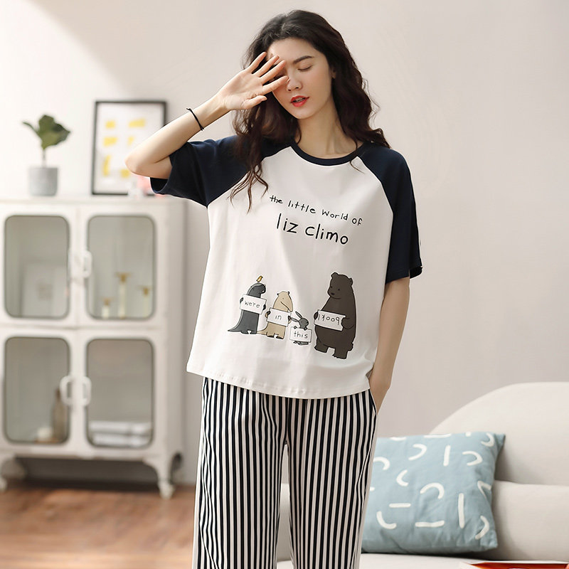 薄女套装短袖七分裤夏季纯棉睡衣 朵拉日记睡衣/家居服套装