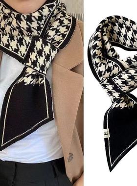 千鸟格围巾女秋冬毛绒护颈脖围