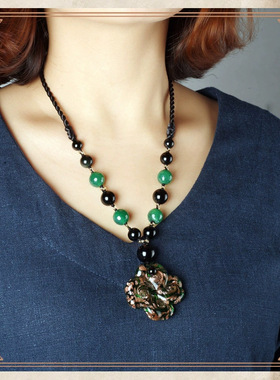 新中式国中串珠玛瑙琉璃毛衣链复古长款项链女高级感百搭配饰挂件