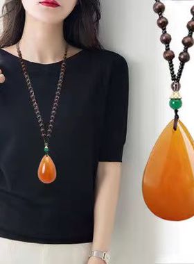 蜜蜡水滴平安扣吊坠长款荷木珠佛珠毛衣链女旗袍唐装配饰气质挂坠