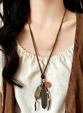 木质方形波西米亚羽毛吊坠项链女民族风复古秋冬吊坠配饰品毛衣链