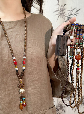 新中式国风唐装男女檀木珠项链菩提串珠复古民族风毛衣链百搭配饰