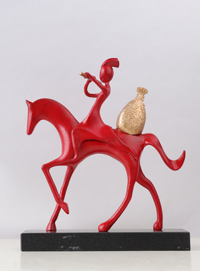 新中式红色马上有钱摆件玄关客厅