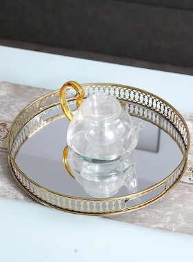 北欧轻奢金属镜面长方形圆形茶盘托盘家用放茶杯化妆品托盘装饰品