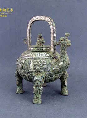 仿古青铜器错银提梁卣工艺品家居摆件影视道具装饰品办公桌博古架