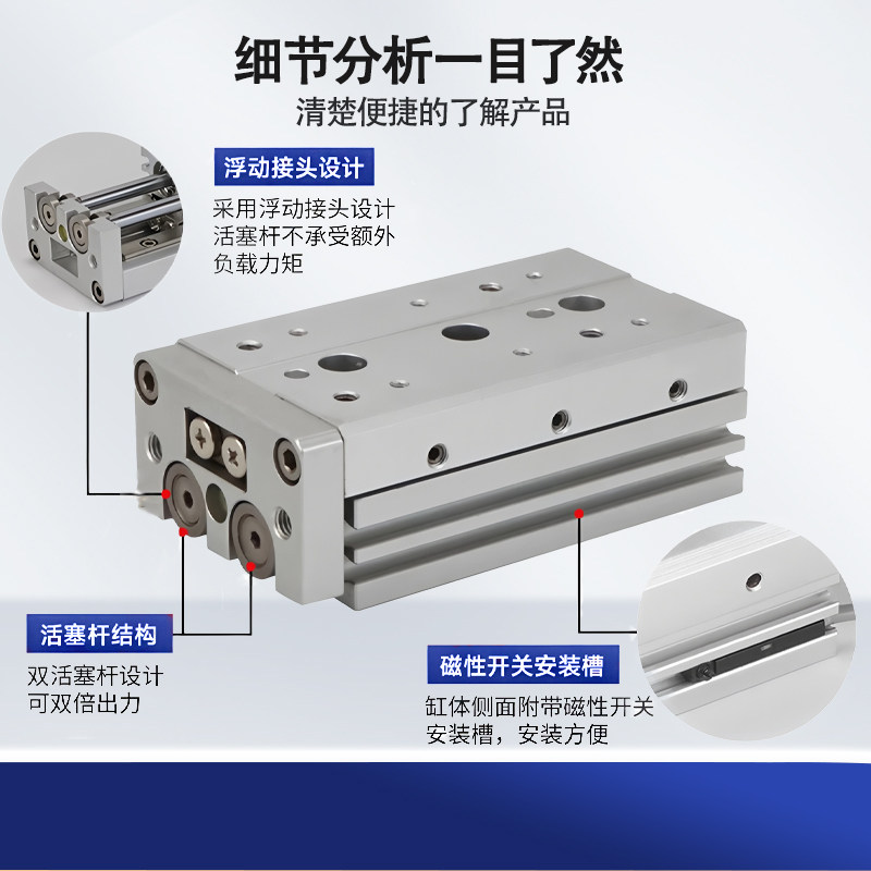 HLS气动滑台导轨气缸6/8/12/16/20-10X20X30X50X100S精密导轨气缸,淘宝优惠券,粉丝福利购,淘宝优惠卷