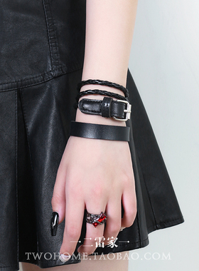 朋克皮革叠戴手环编织皮带扣腕带