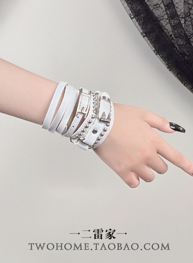 白色叠戴手环铆钉腕带皮带扣手链