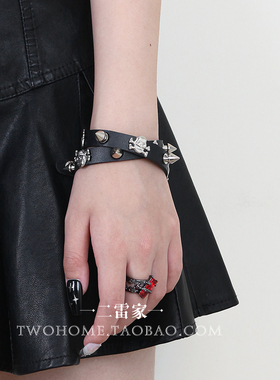 缠绕尖铆钉手链骷髅头pu长款腕带