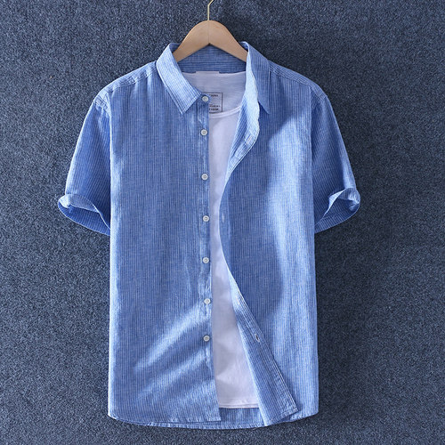 细条纹亚麻衬衫男短袖夏季薄款宽松休闲上衣日系复古棉麻衬衣半袖 - 图0