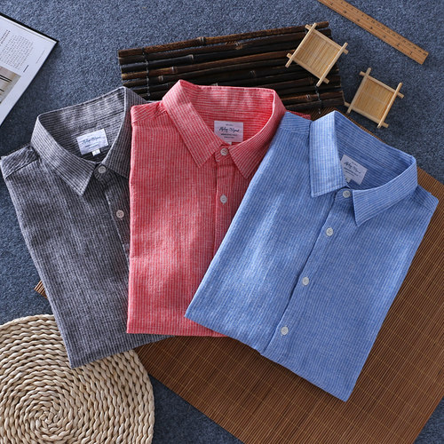 细条纹亚麻衬衫男短袖夏季薄款宽松休闲上衣日系复古棉麻衬衣半袖 - 图2