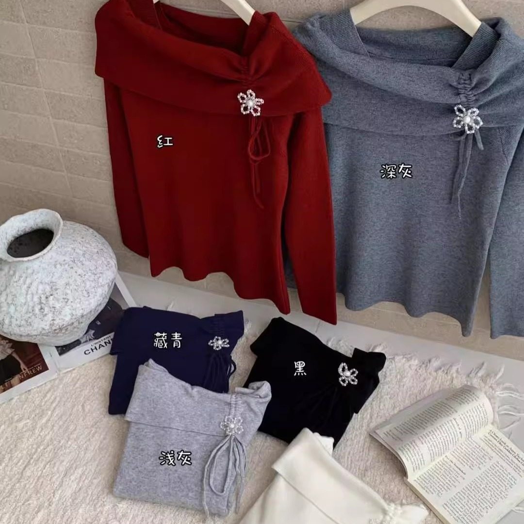 2025春秋新款法式纯欲立体花朵长袖针织衫女一字肩上衣打底衫气质,淘宝优惠券,粉丝福利购,淘宝优惠卷