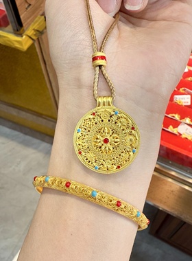 金店同款金包银珐琅罗盘黄金吊坠