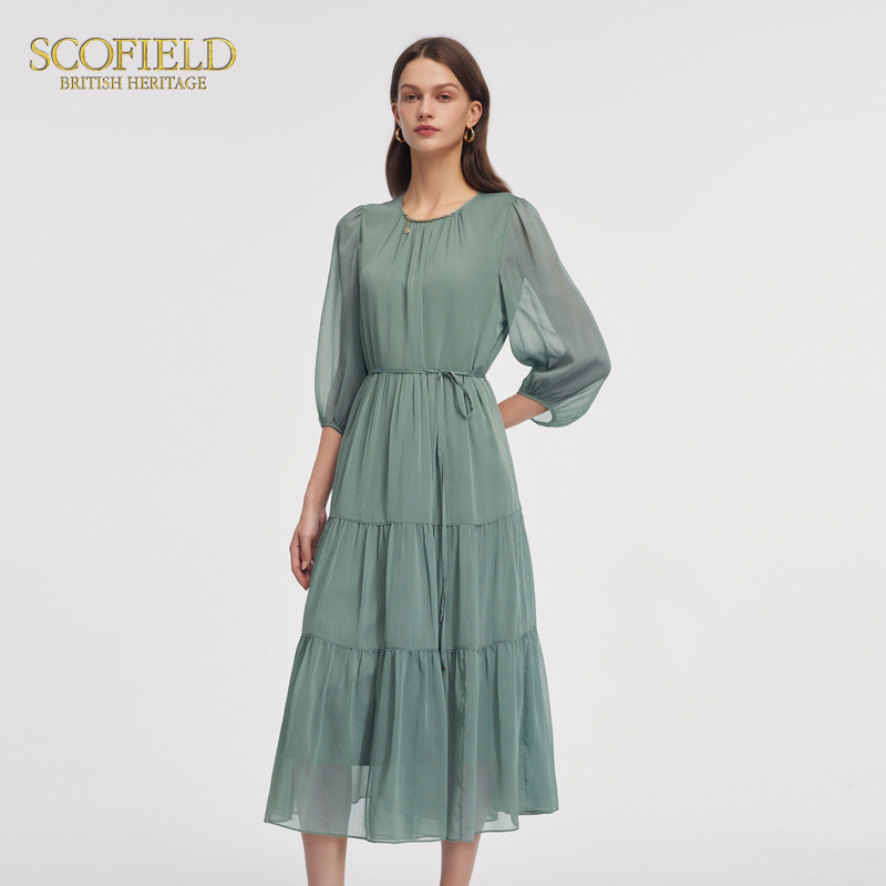 Scofield女装七分袖收腰显瘦飘逸灵动薄荷绿连衣裙2024夏季新款