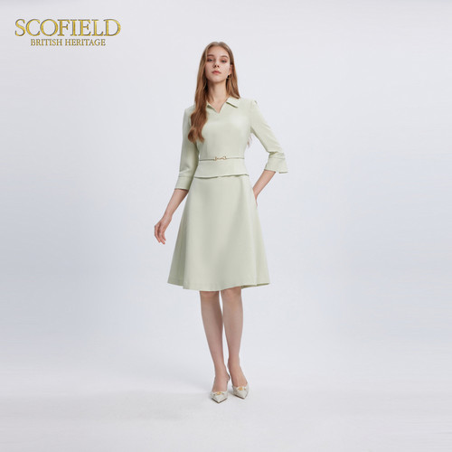 Scofield女装小V翻领优雅垂坠感收腰假两件连衣裙秋季裙子 - 图3