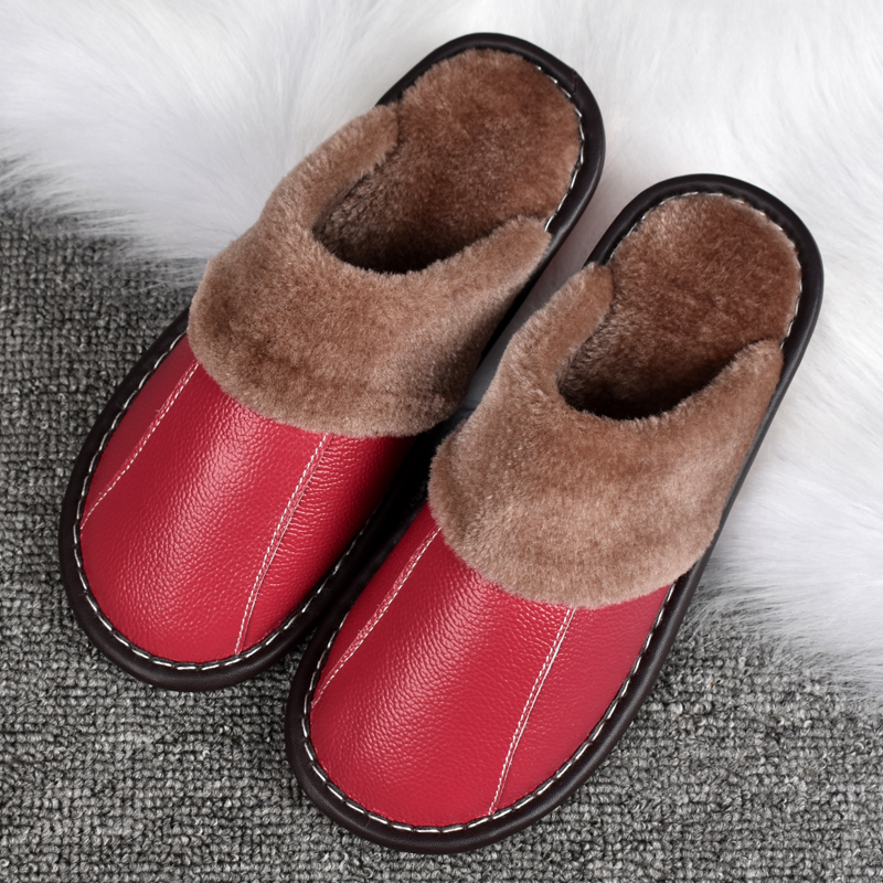 头层牛皮保暖棉拖鞋男女居家室内冬季防滑实心底包头加厚真皮拖鞋 - 图0