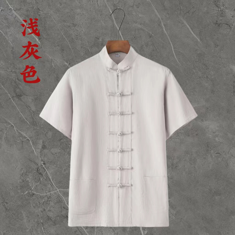 唐装男短袖衬衣棉麻夏季薄款爸爸装中式立领盘扣汉服居士服中国风