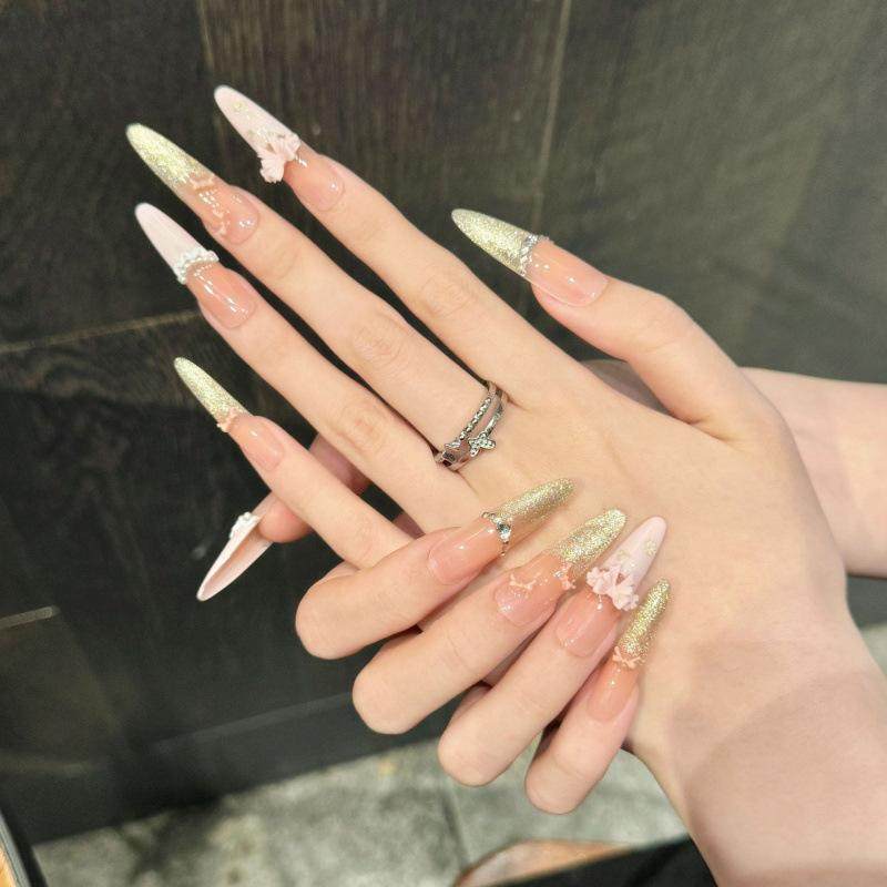 【浪漫法式】爆闪金色猫眼桃粉法式珍珠裙摆爱心穿戴甲成品,淘宝优惠券,粉丝福利购,淘宝优惠卷