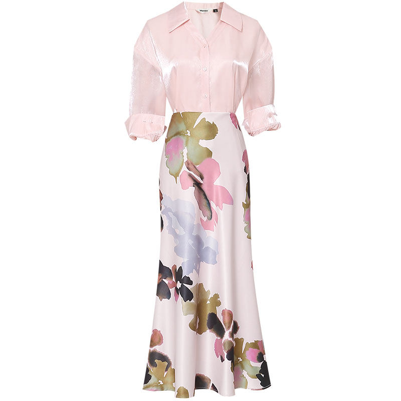 2026春新款时尚气质光泽感宽松衬衣优雅印花裙修身长款半裙套装,淘宝优惠券,粉丝福利购,淘宝优惠卷