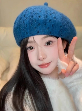 白色针织贝雷帽子女秋冬