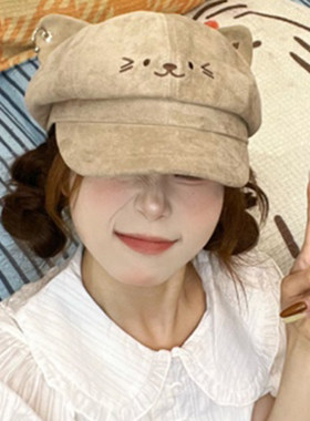 甜美猫耳宽檐八角帽显脸小女款
