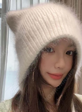 可爱猫耳朵针织毛线帽女