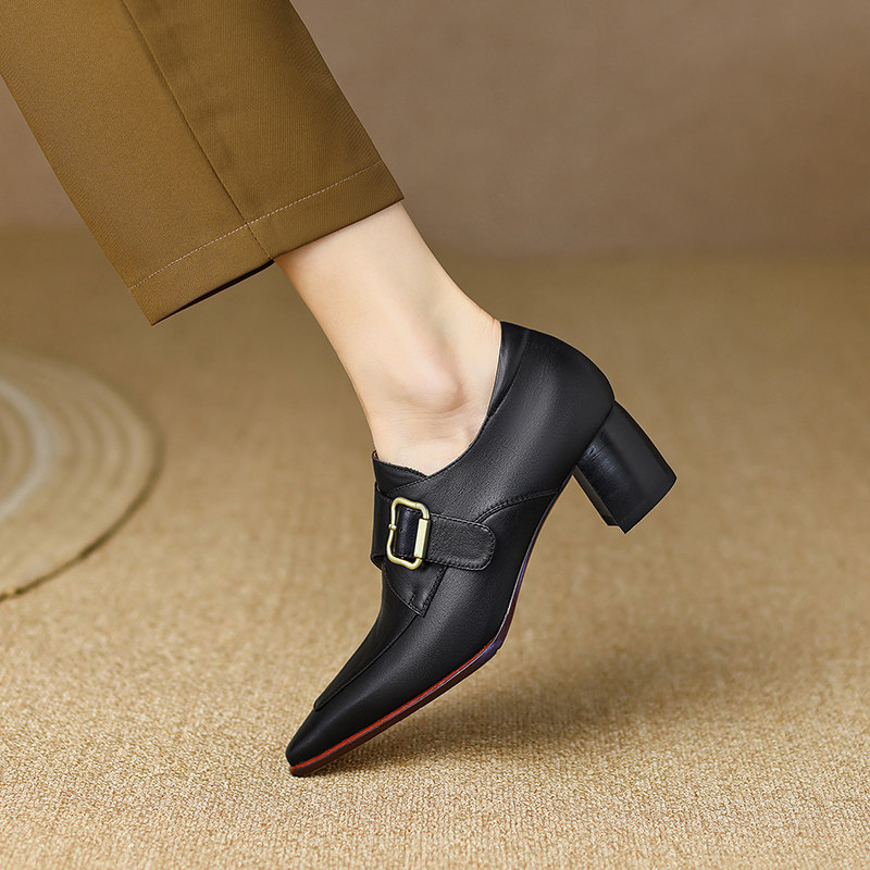 真皮粗跟深口单鞋尖头中跟女士单皮鞋秋季复古高跟鞋女鞋牛皮带扣,淘宝优惠券,粉丝福利购,淘宝优惠卷