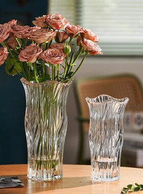 花瓶摆件客厅插花玻璃透明水养玫瑰百合感鲜花轻奢小众水晶大