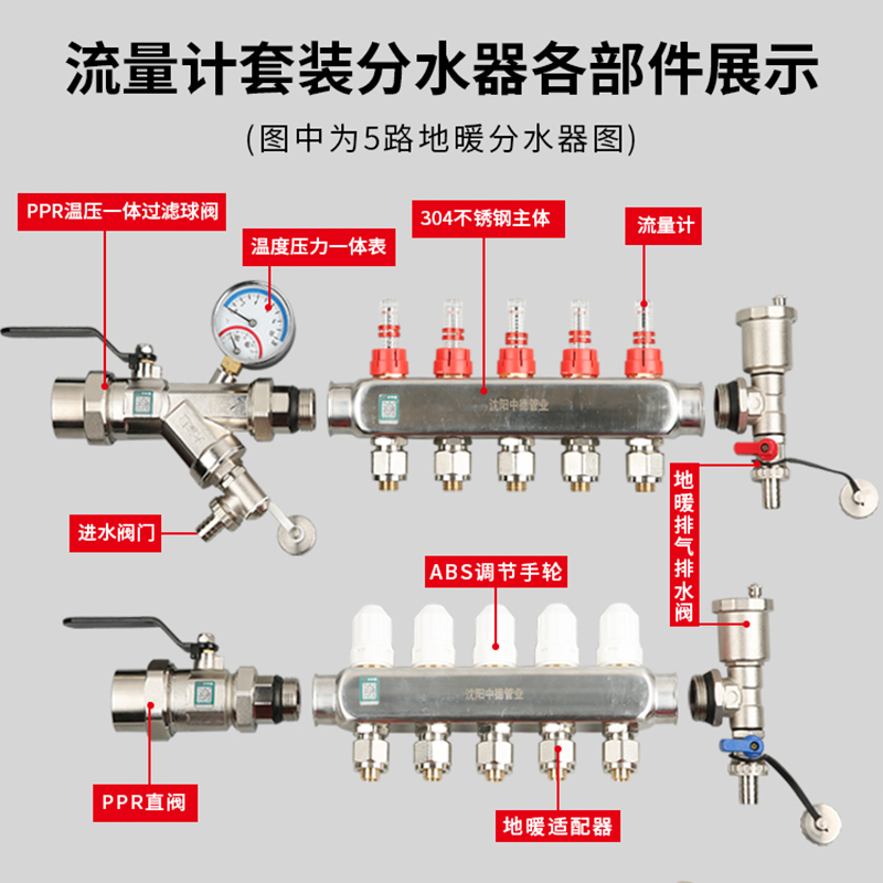 智能温控地暖分水器304不锈钢地热集水器套装流量计消磁沈阳中德 - 图0