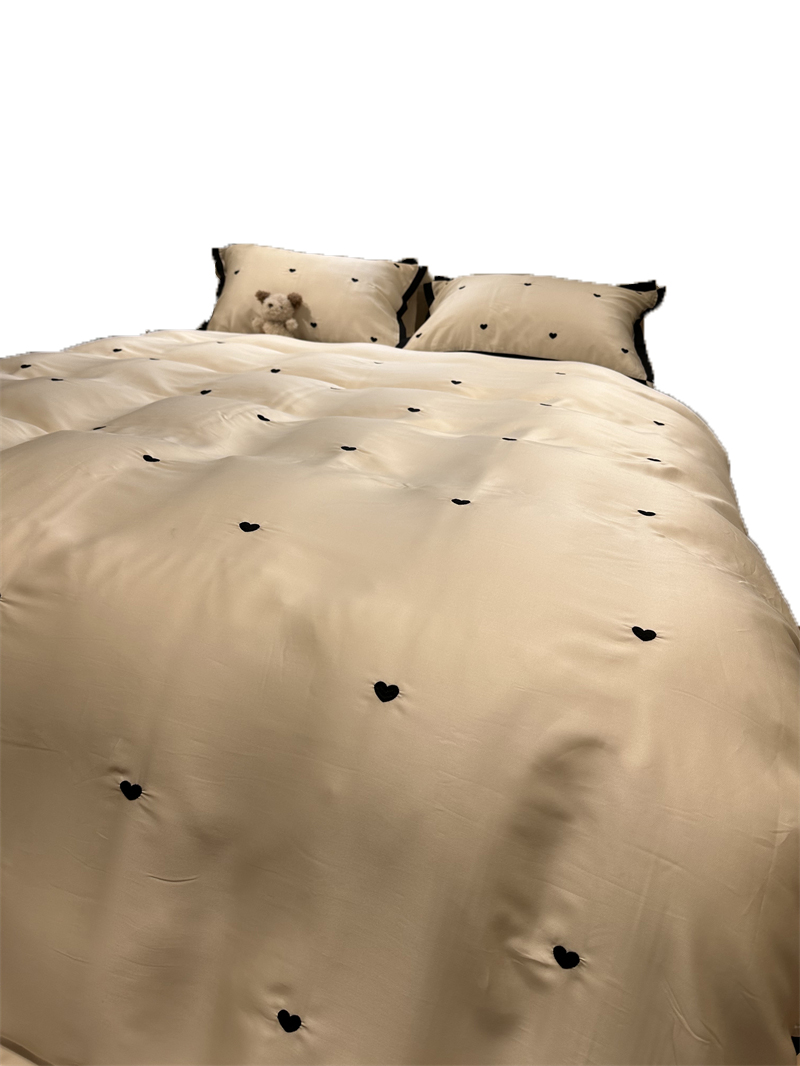 60s天丝贴布刺绣黑色爱心四件套莱赛尔纤维1.5m1.8米丝滑裸睡凉感 - 图3