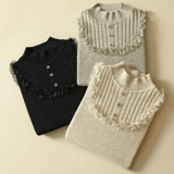 Демисезонный свитер, приятный телу кружевной трикотажный приталенный лонгслив, высокий воротник