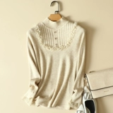 Демисезонный свитер, приятный телу кружевной трикотажный приталенный лонгслив, высокий воротник