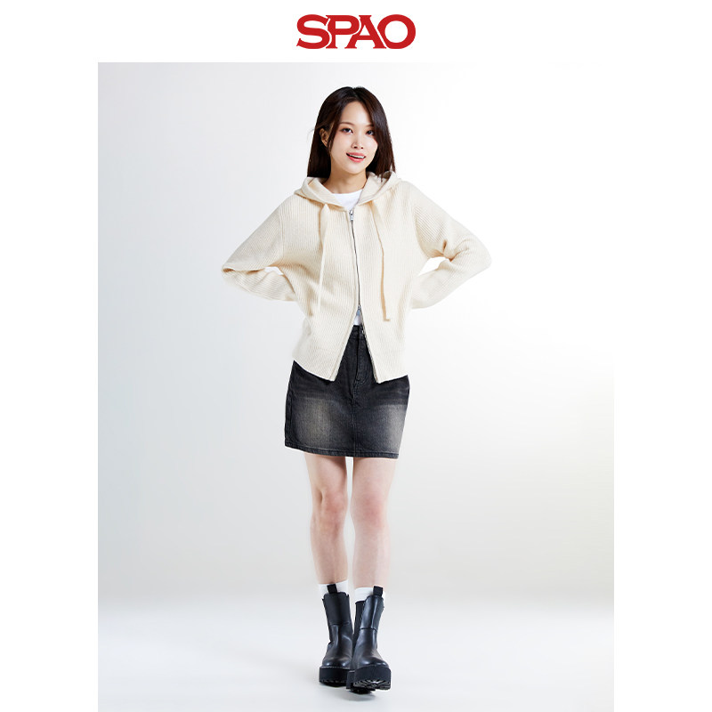 SPAO韩国同款冬季女士简约休闲连帽针织毛衣外套,淘宝优惠券,粉丝福利购,淘宝优惠卷