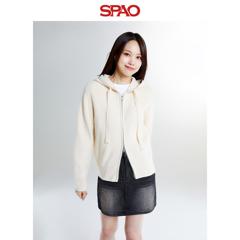 SPAO韩国同款冬季女士简约休闲连帽针织毛衣外套,淘宝优惠券,粉丝福利购,淘宝优惠卷