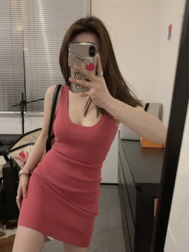 Viiwen纯欲好比例 显瘦黑色短款针织裙长款修身背心吊带裙连衣裙 - 图0