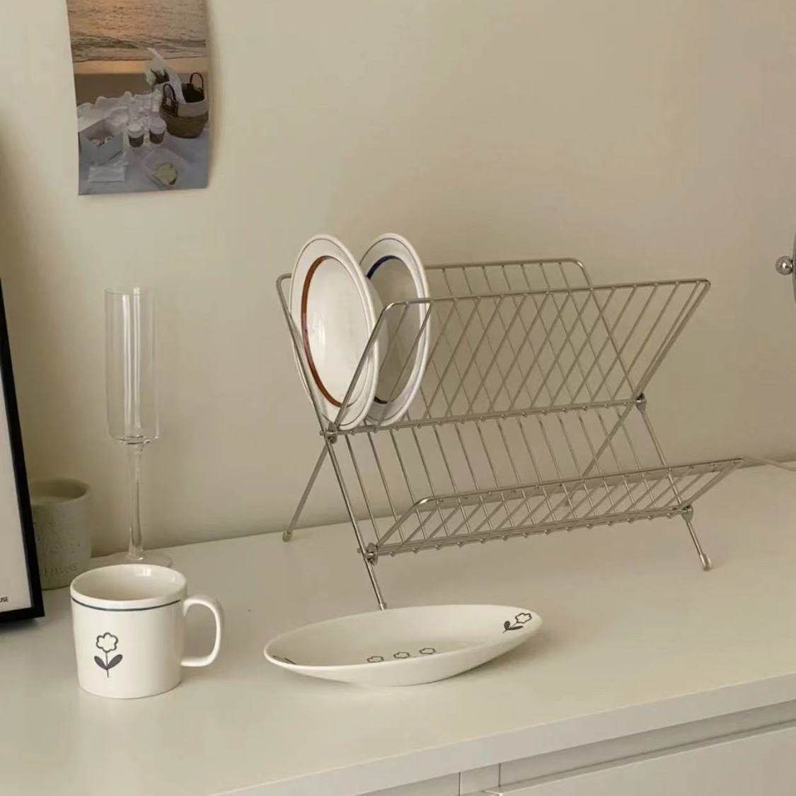 X 型可折叠沥水碗架双层厨房沥水架台面式带接水盘厨房碗碟收纳架,淘宝优惠券,粉丝福利购,淘宝优惠卷