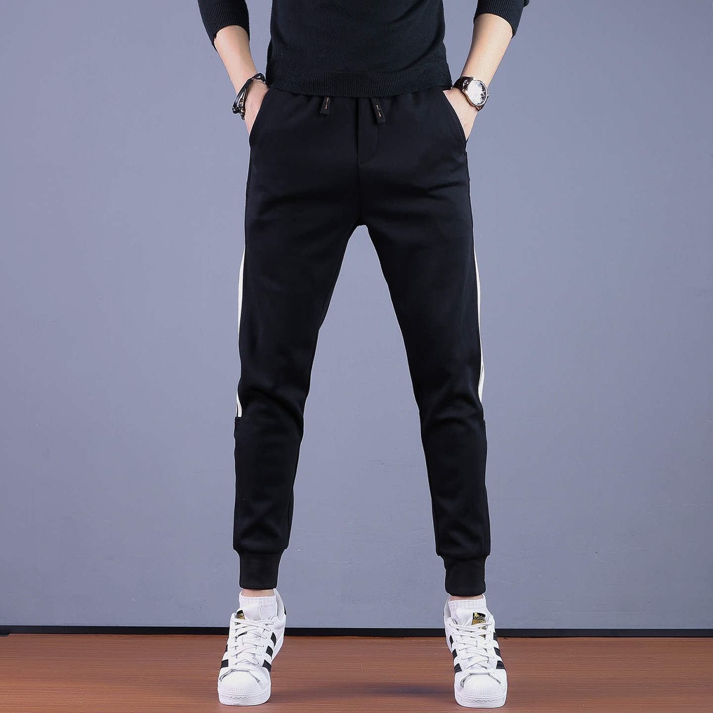 新款高端冬季加厚男休闲裤潮牌三道杠卫裤修身裤子秋冬男裤运动裤,淘宝优惠券,粉丝福利购,淘宝优惠卷